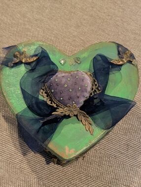 Heart-Shaped Decorative Trinket Box Velvet Accent Handmade Angels Pin Cushion